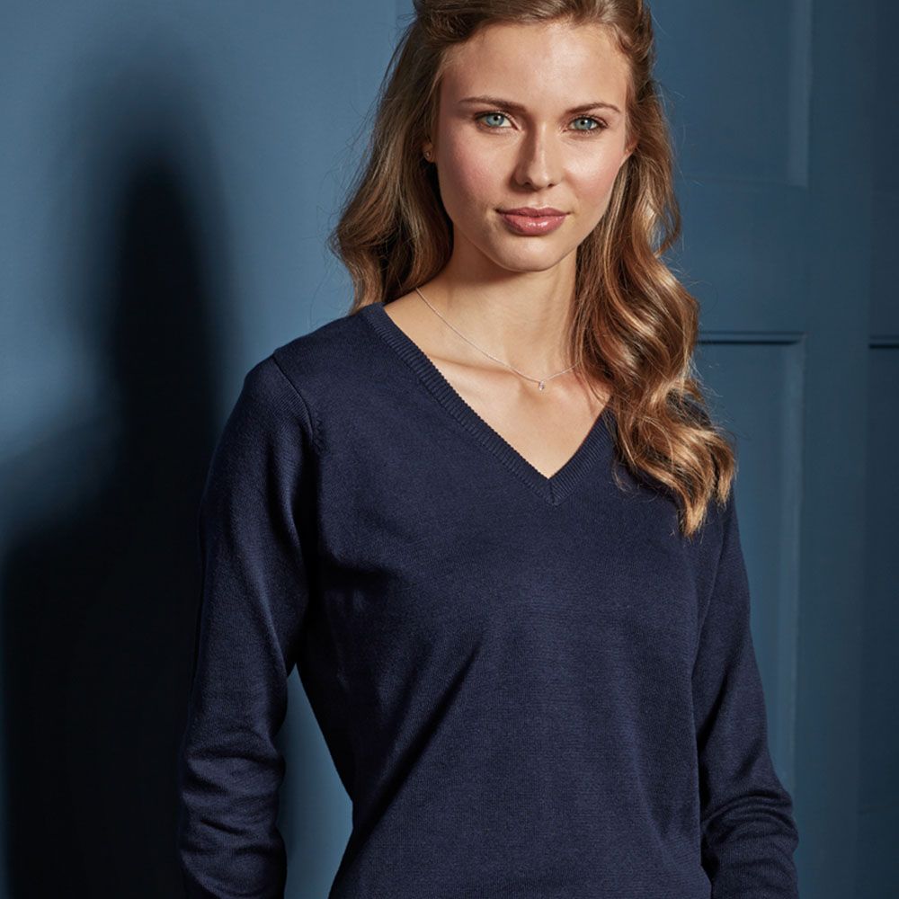 Premier - Ladies Knitted Cotton Acrylic V Neck Sweater - PR696