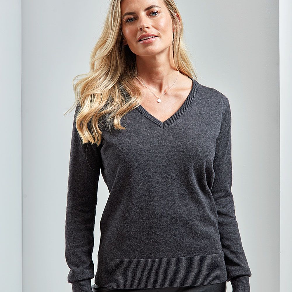 Premier - Ladies Knitted Cotton Acrylic V Neck Sweater - PR696